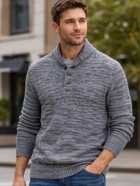 Converse Black Canvas Gray Marled Shawl Collar Henley Sweater XL